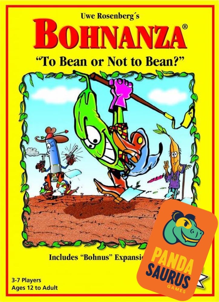 The image shows the older AMIGO version of Bohnanza with a Pandasaurus Games logo slapped on the front crookedly