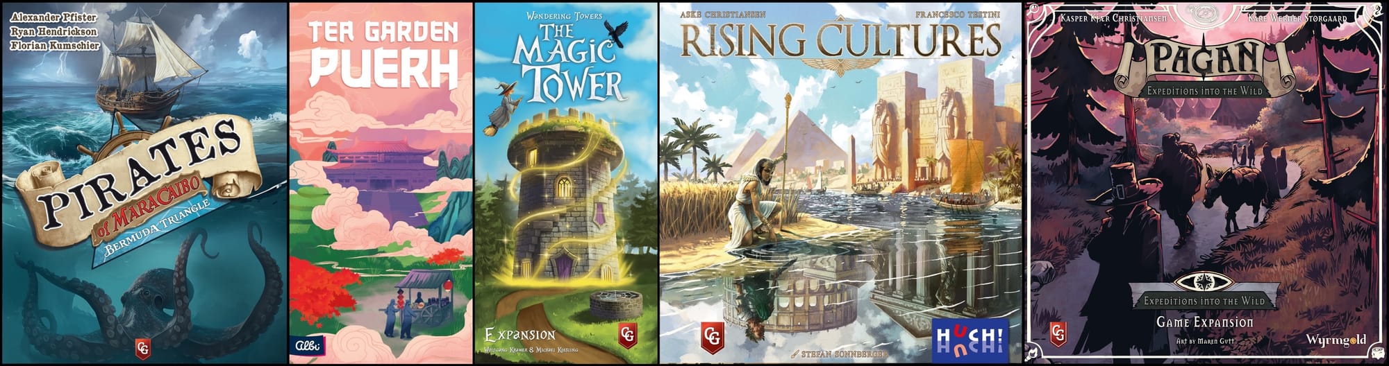 Front covers for Pirates of Maracaibo: Bermuda Triangle, Tea Garden: Puerh, Wandering Towers: The Magic Tower, Rising Cultures, and Pagan: Expeditions into the Wild