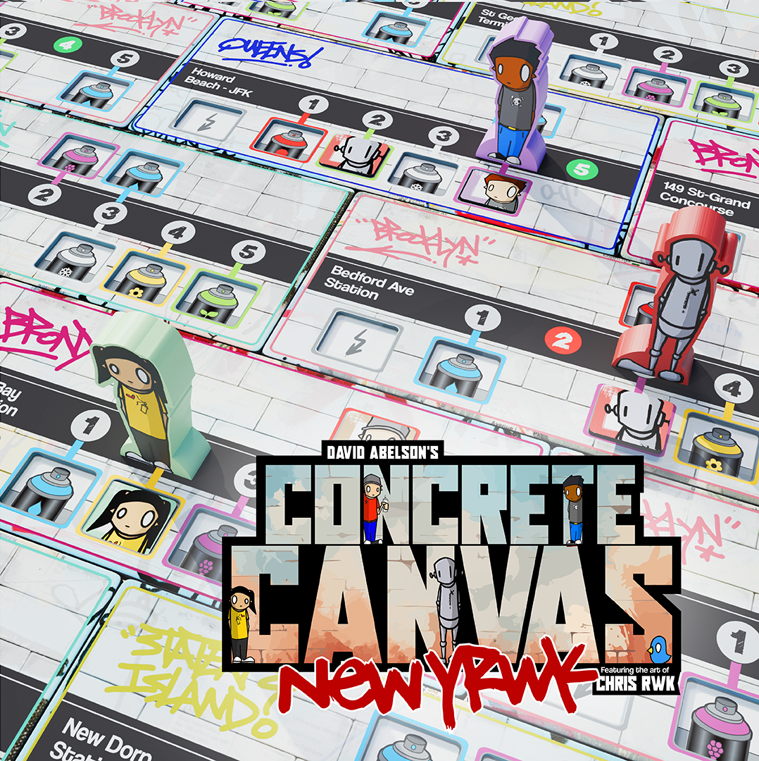 A detail of the game board of Concrete Canvas, with NYC borough tiles pushed together to form a continuous space. Playing figures stand on numbered spaces on these tiles, covering icons where they've picked up spray cans with which to paint
