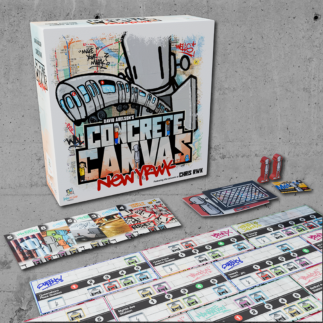 The Concrete Canvas box, with sample painting cards in front of it, along with two figures, a Metro card, and part of the game board created from borough tiles