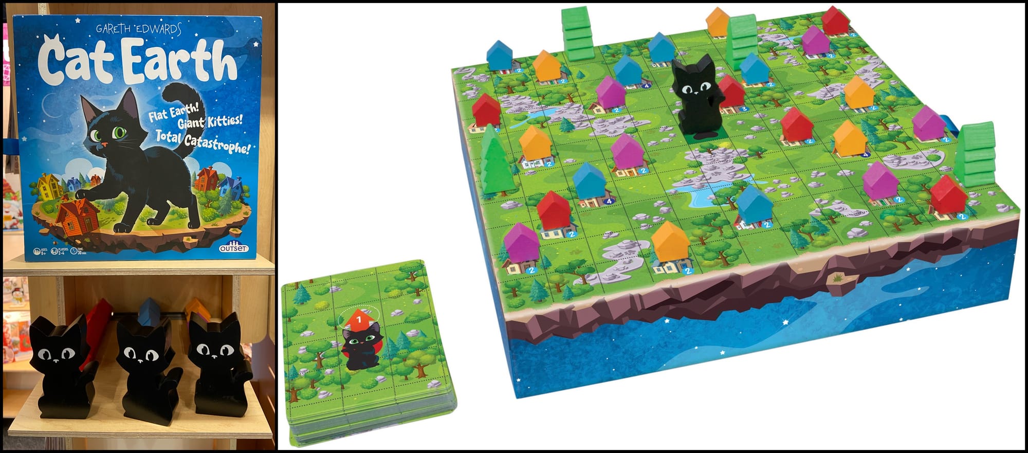 On the left: the cover of the game Cat Earth on a shelf above three black wooden cats on a shelf; on the right: a game board showing a cat at the center of a grid, with colored houses on the surrounding spaces