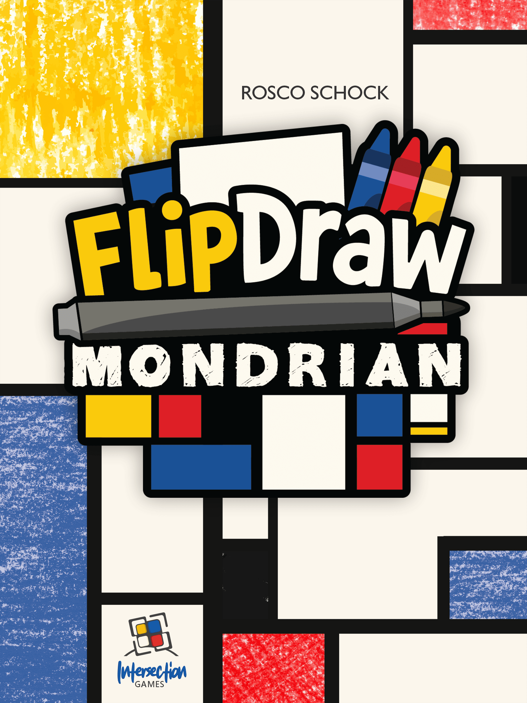 The text "FlipDraw: Mondrian" is surrounded by white, blue, red, yellow, and black rectangles, next to markers in all of those colors but white