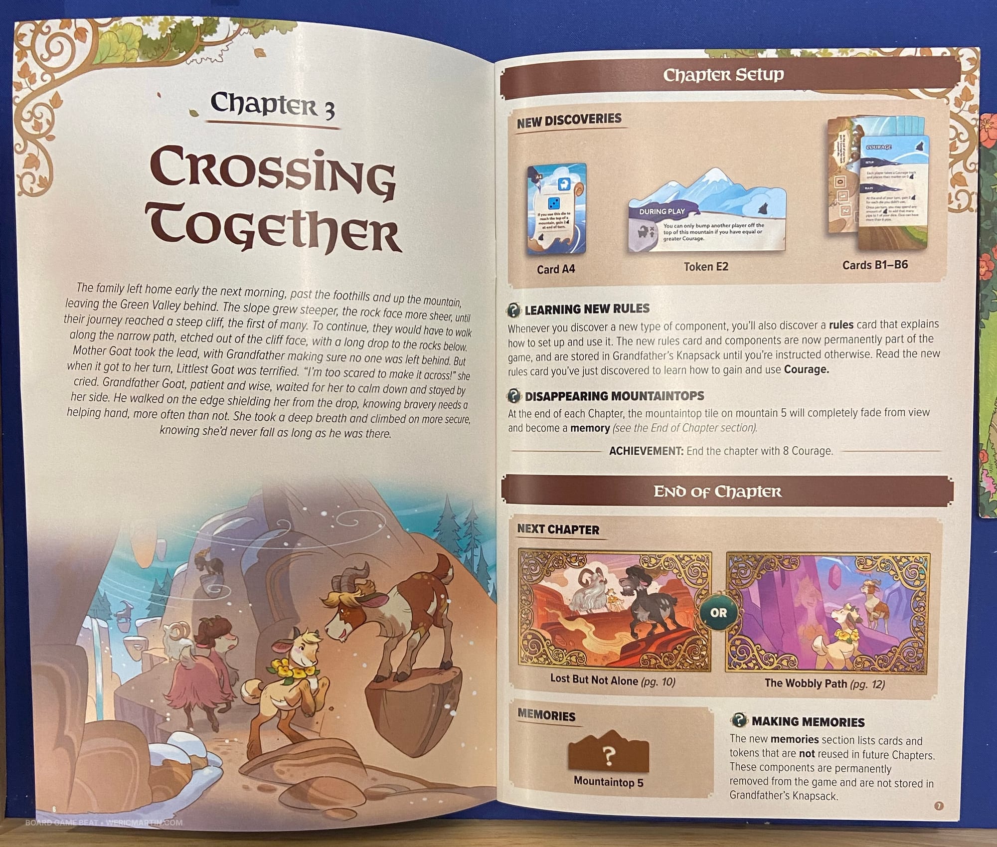 The Mountain Goats: Legacy story book is open to chapter 3: Crossing Together. The left page features a small story, while the right page shows new components for this chapter, explains new rules, and gives two options for the next chapter to visit.