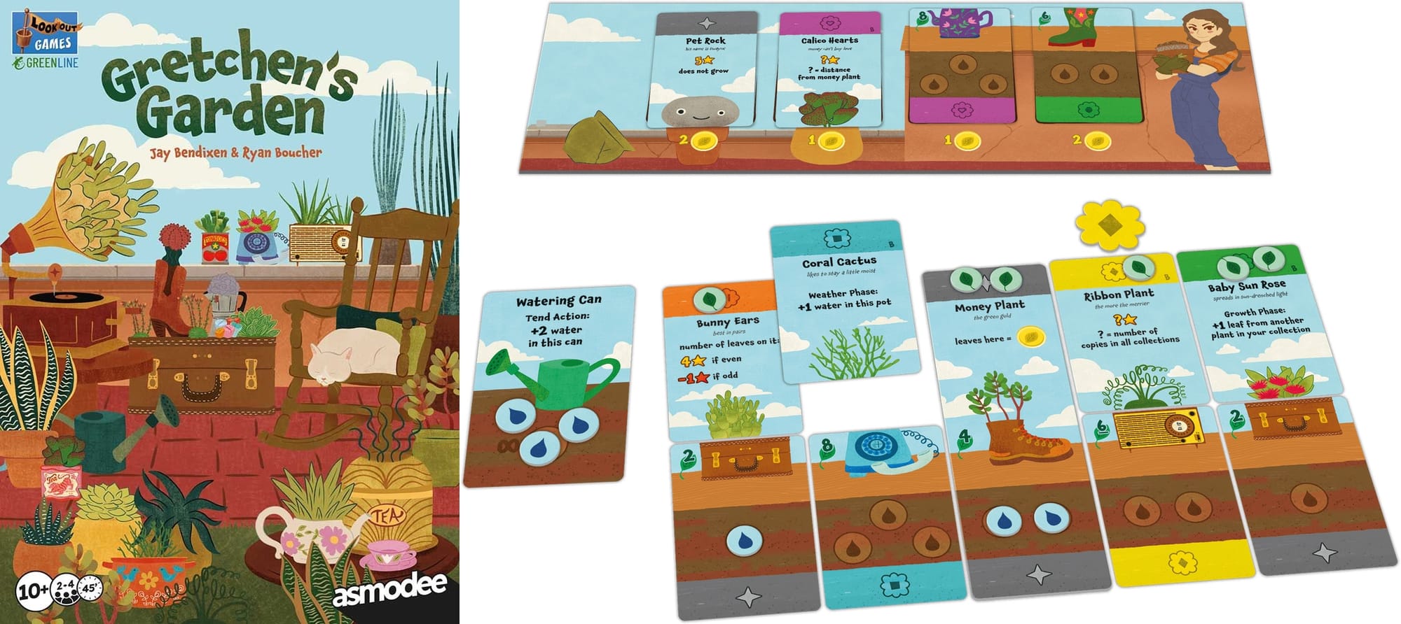 Front cover of Gretchen's Garden, next to the shared game board (with plants and pots for purchase) and a player's tableau