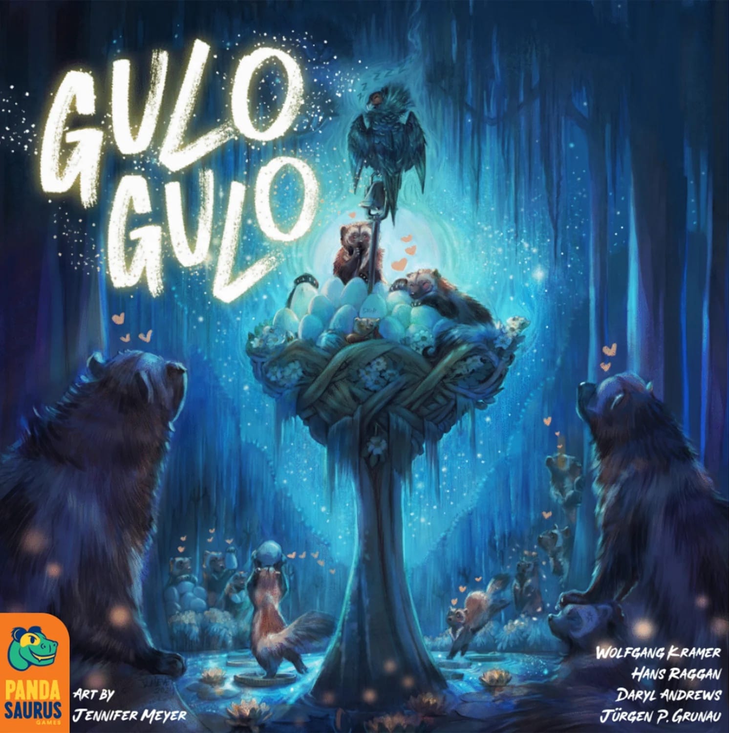 Front cover of the game Gulo Gulo, which shows wolverines dancing around a raised platform covered with eggs