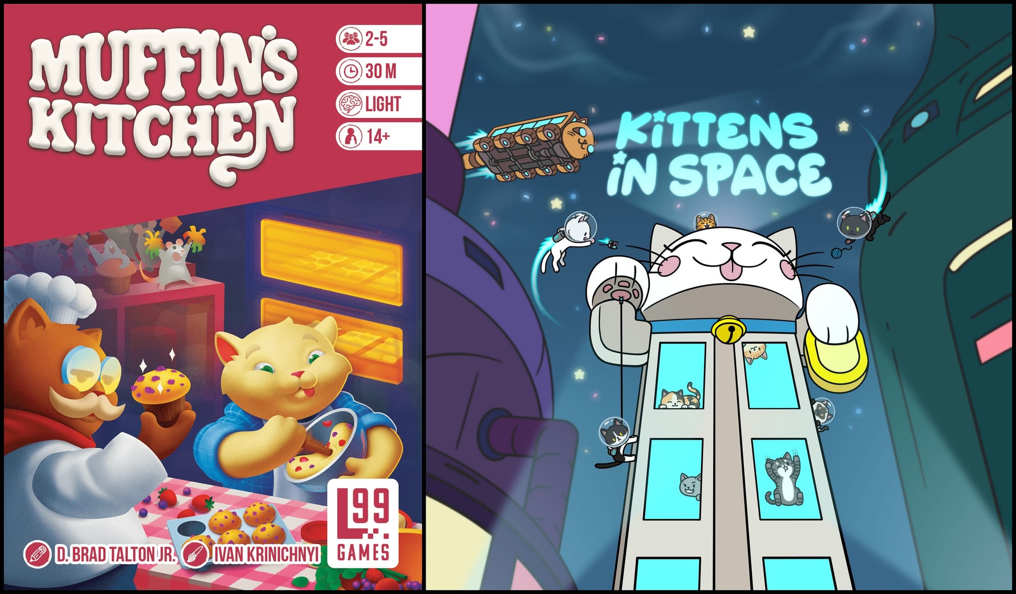 On the left; the front cover of Muffin's Kitchen, which shows cats making muffins in a kitchen; on the right: Kittens in Space, which is a cat-shaped animal shelter in front of the night sky