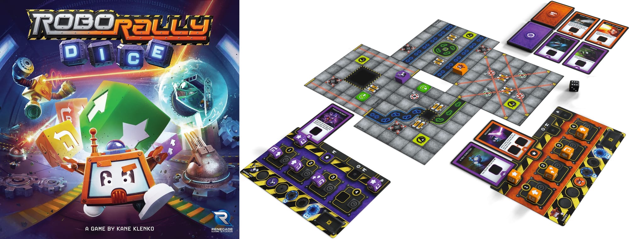 On the left: the front cover of Robo Rally Dice; on the right: individual player boards with movement dice on them, and a shared game board space on which robots move.