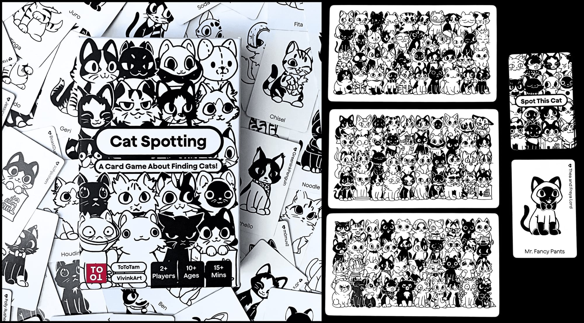 On the left: the cover of Cat Spotting; on the right: Three large cards that show dozens of cats drawn only in black and white, along with a deck of individual cats on cards that you must find in the large images