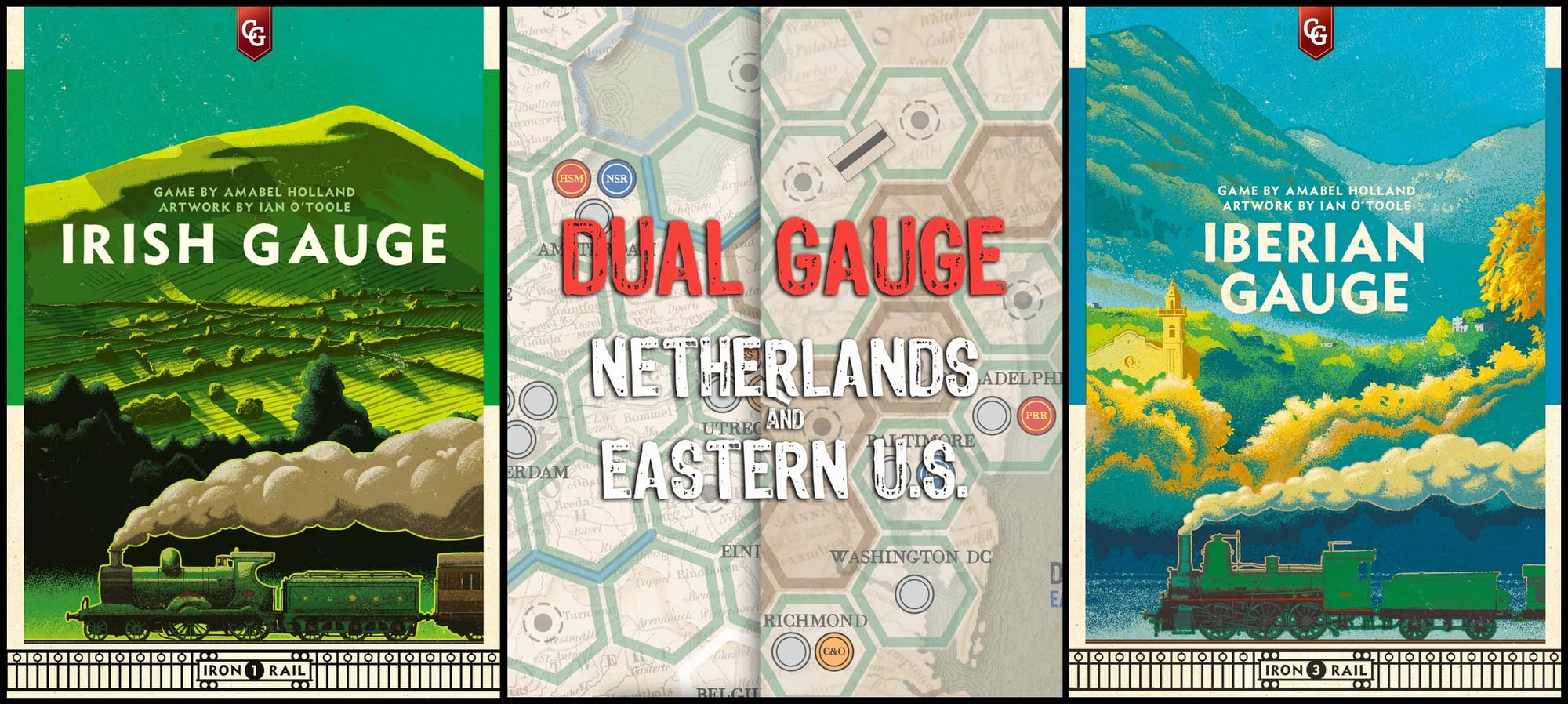 Front covers of the games Irish Gauge, Dual Gauge, Netherlands and Eastern U.S., and Iberian Gauge